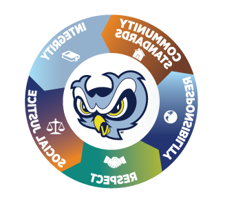 PGCC Owl Image encircled by words with colorful backgrounds - community standards, integrity, social justice, respect, responsibility